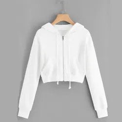 Sudaderas con cremallera para Mujer, abrigo informal de manga larga en blanco sólido, Sudadera corta con capucha, Tops, Sudadera para Mujer de otoño