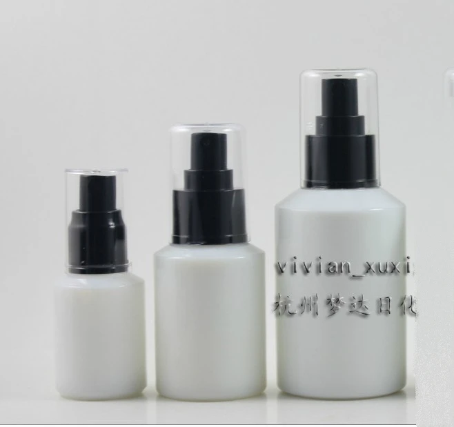 

wholesale 50pcs 30ml round white travel refillable perfume bottle with black atomiser spray/ 30 ml glass mist perfume container