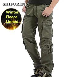 SHIFUREN Winter Fleece Men Cargo Pants Loose Fit Multi-pocket Male Double Layer Thicken Warm Military Trousers Plus Size 29-40