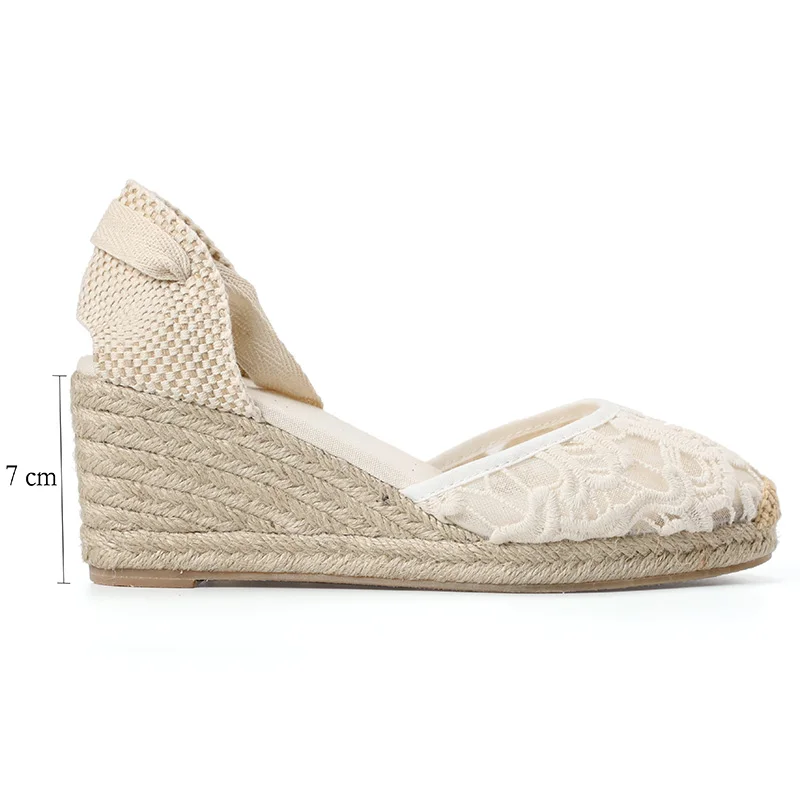 Wedges Shoes Sandals 2021sale Sapato Feminino Elegant Lace Strap Tienda Soludos Floral Crochet Wrap Slingback Espadrille Wedge