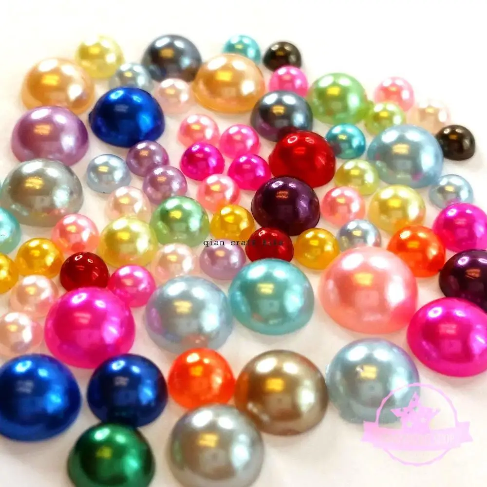 200gram 5mm-12mm Bright Mix HaLF PEARLS Flatback Decoden ABS Pearl Rhinestone Cabochons, Cellphone Deco mix sizes