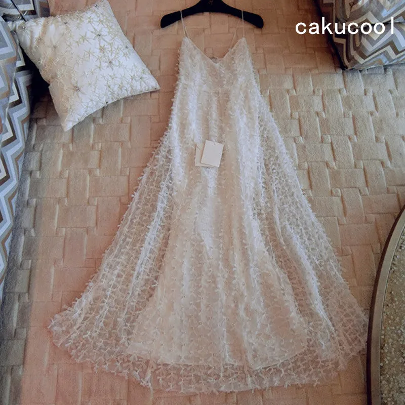 

Cakucool New Luxury Pearl Beading Spaghetti Strap Dress Long A-line Fairy Vestido V-neck Backless Mid Long White Summer Dresses