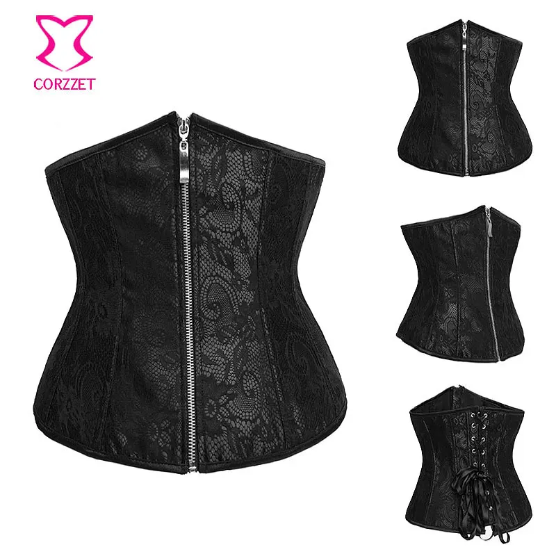 Black Satin&Floral Lace Overlay Underbust Corset Wait Trainer Sexy Waist Shaper Bustier Corpete Corselet Zipper Gothic Lingerie