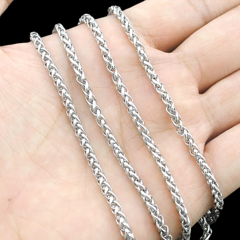 ATGO (40-70cm) to choose, 3mm wide,Men Necklace Stainless Steel Jewelry High Quanlity Braided Link Wheat Chain Necklace Women