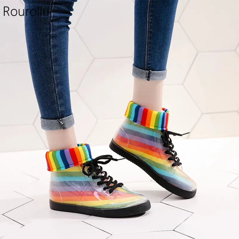 

Rouroliu Women Autumn Transparent Jelly Rainboots Female Platform Water Boots Warm Socks Inserts FR35