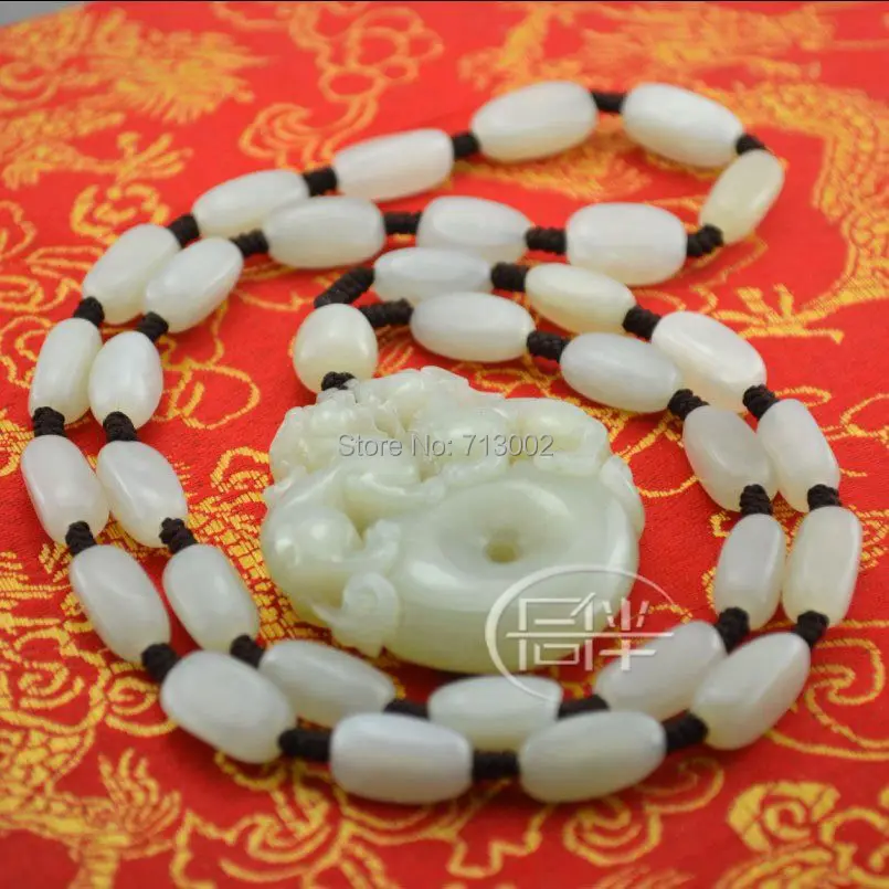 Nature white Jade fortune Beast Amulet Pendant jadite Mala Bead Necklace Talisman -Pi Xiu