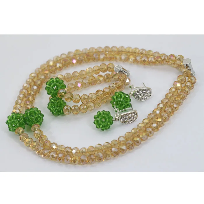 Lemon Green And Champagne Gold Kid Beads Crystal Jewelry Set African Green Bead Birthday Gift Necklace Set Free ShippingABL719