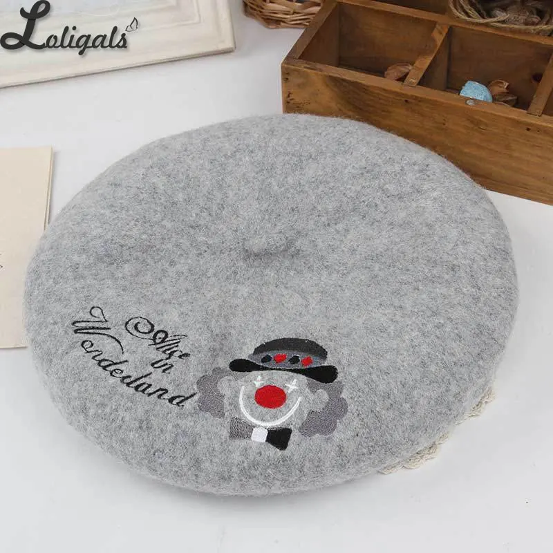 Sweet Women\'s Lolita Beret Wool Embroider Beret Hat Warm Winter Berets