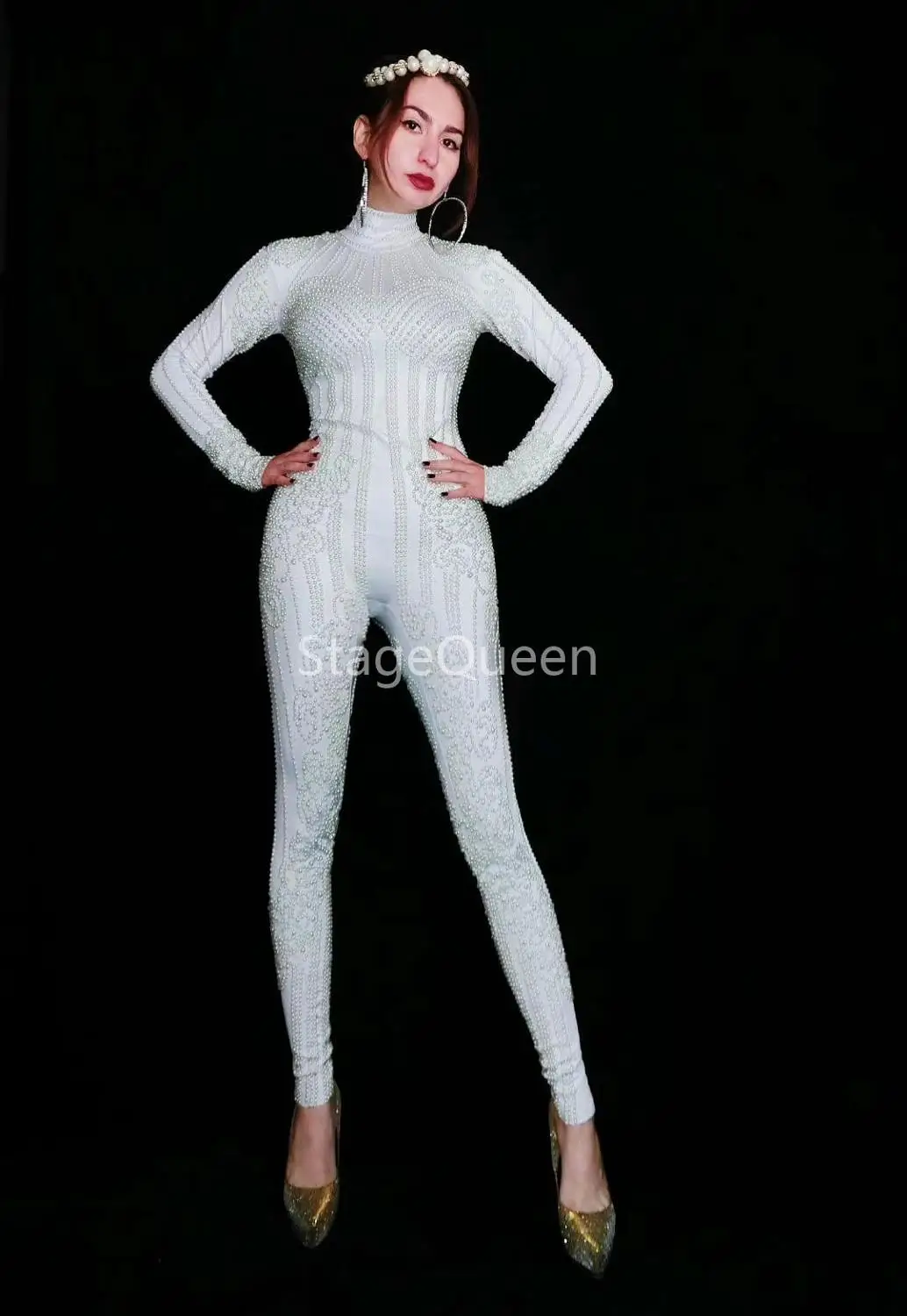 Women's Fashion White Pearls Dj Ds Jumpsuit Costume One-piece Nightclub Dance Bandage Printed Outfit Party Stage Celebrate Wear