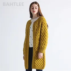 BAHTLEE-Women's Long Sleeve Warm Mohair Cardigan, Knitting Wool, Jacquard Weave Sweater, O-Neck Jumper, Pocket, Mustard, Yellow,