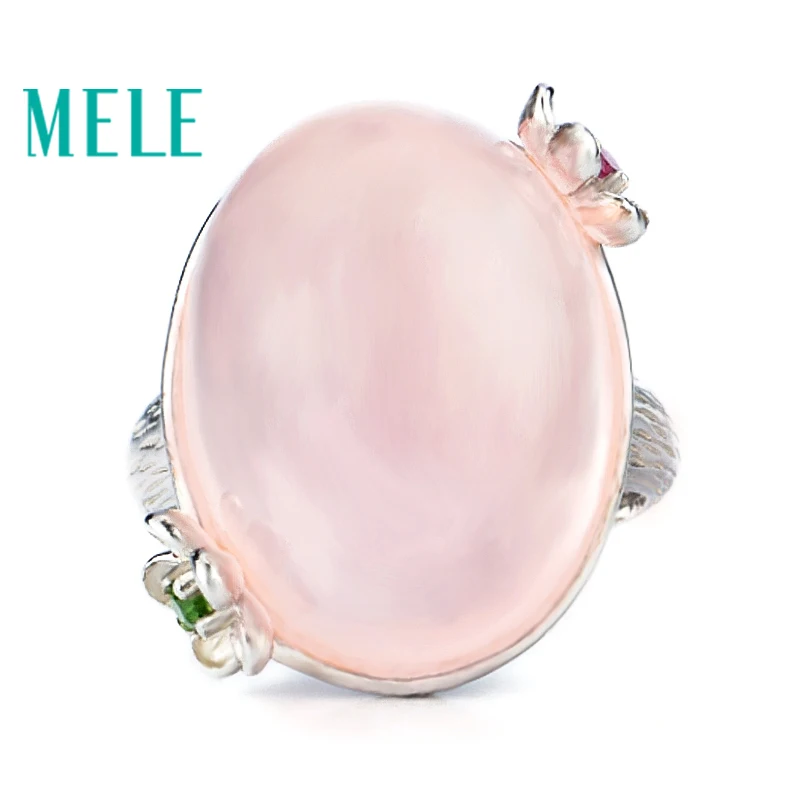 

MELE Natural rose quarts silver ring, big oval shape in 15mm*20mm, all clean quality and romantic pink color, top quality gift