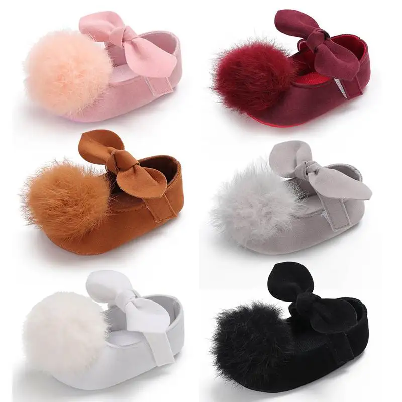 

Baby Girl Shoes Toddler Butterfly Shoes For Infant Kids Hair Ball PU Anti Slip Crib Shoes Walking Shoes For Girls 0-18M