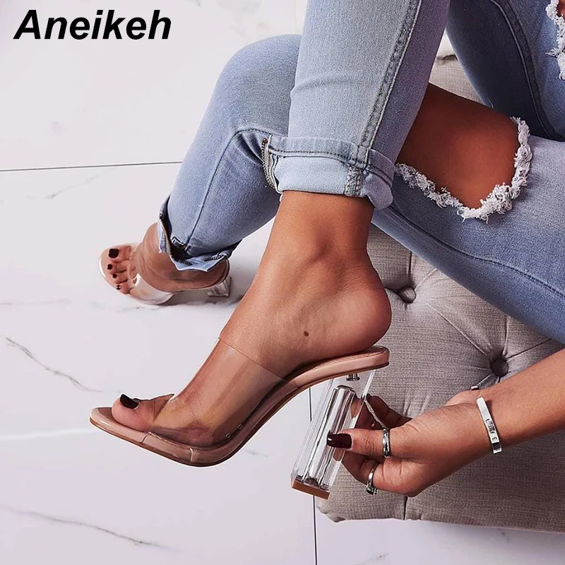 Aneikeh 2025 New Fashion  PVC Jelly Sandals Crystal Open Toed Sexy Thin Heels Women Transparent Slippers Pumps Outside 40 41 42