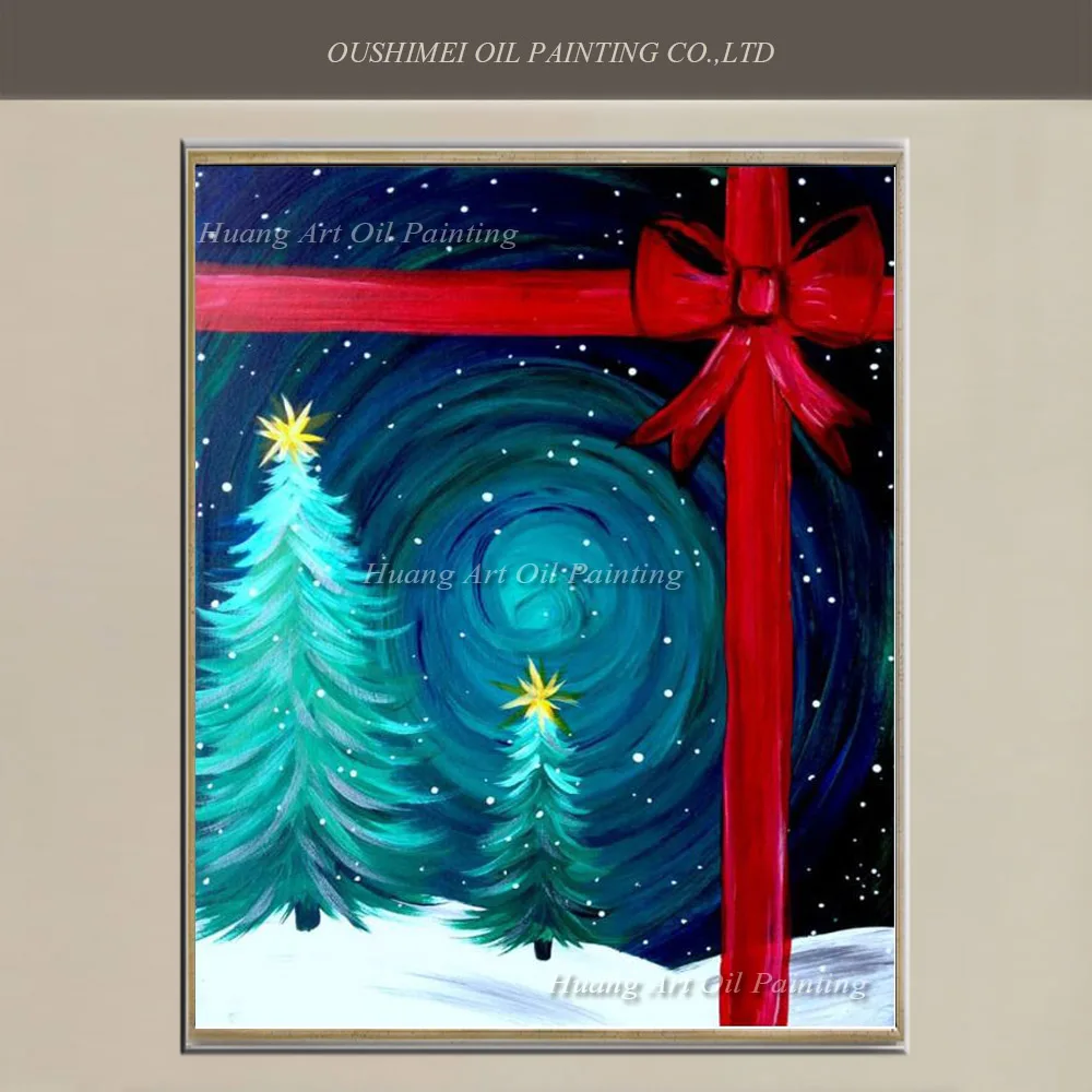 Hand Painted Christmas Tree Painting on Canvas Modern Starry Sky Landscape Bowknot Oil Painting for Christmas Decoration Gift