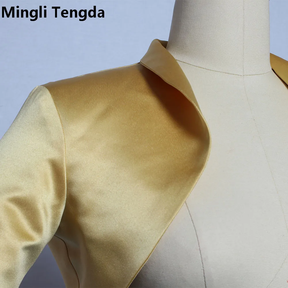 ใหม่ทองซาตินBolero Tippet Shrugเจ้าสาวเสื้อStole Wrap 3/4เรียงรายCustom Madeงานแต่งงานหมวกMingli Tengda cape