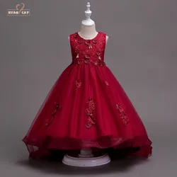 Kids dress Girl's wedding wear wine red handmade beads wedding dress lace embroidered princess flower Valentine's Day Dress