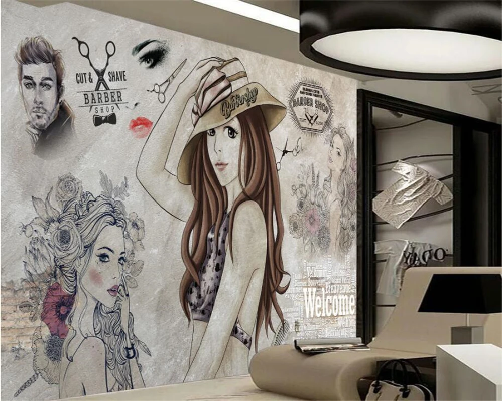 Custom size wallpaper high fashion modern fashion hand painted beauty shop barber background wall mural photo 3d wallpaper