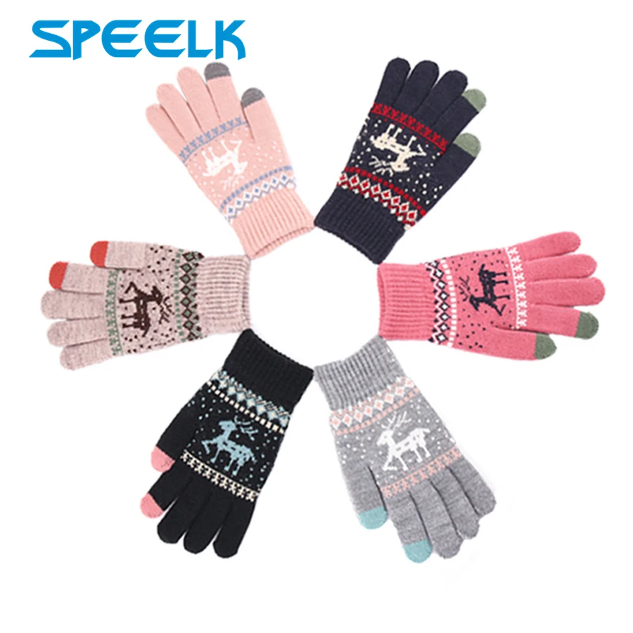 New Jacquard Warm Fawn Gloves Women Touch Screen Glove Lady Winter Velvet Wool Gloves Female Christmas Mittens Glove wholesale