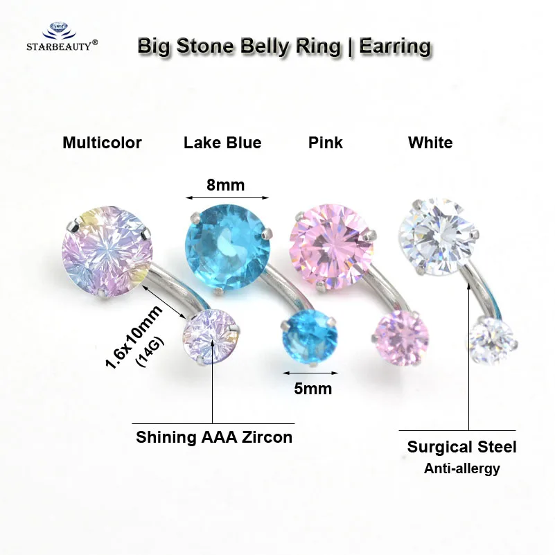 Fashion 5/8mm Round Crystal Zircon Belly Button Rings Lobe Earring Navel Piercing Jewelry Surgical Steel 1.6x10mm 14G Belly Bar