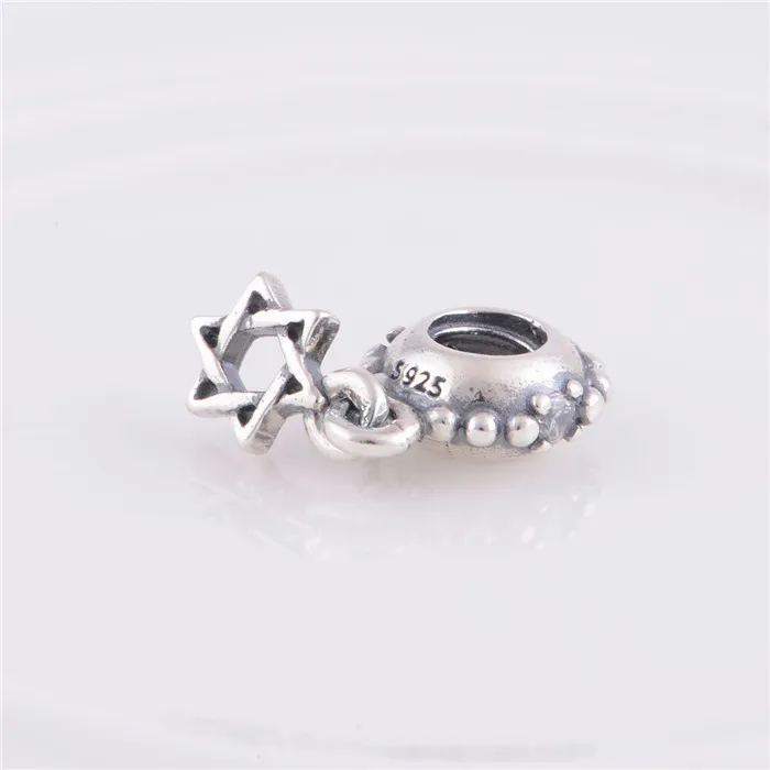 Authentic 925 Sterling Silver Star of David With Clear CZ Dangle Charm Bead Fits Pandora Bracelet Jewelry DIY Making