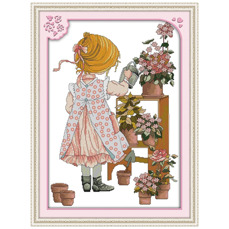 The Watering Girl Patterns Counted Cross Stitch Set DIY 11CT 14CT 16CT Stamped DMC Cross-stitch Kit Embroidery Needlework Crafts