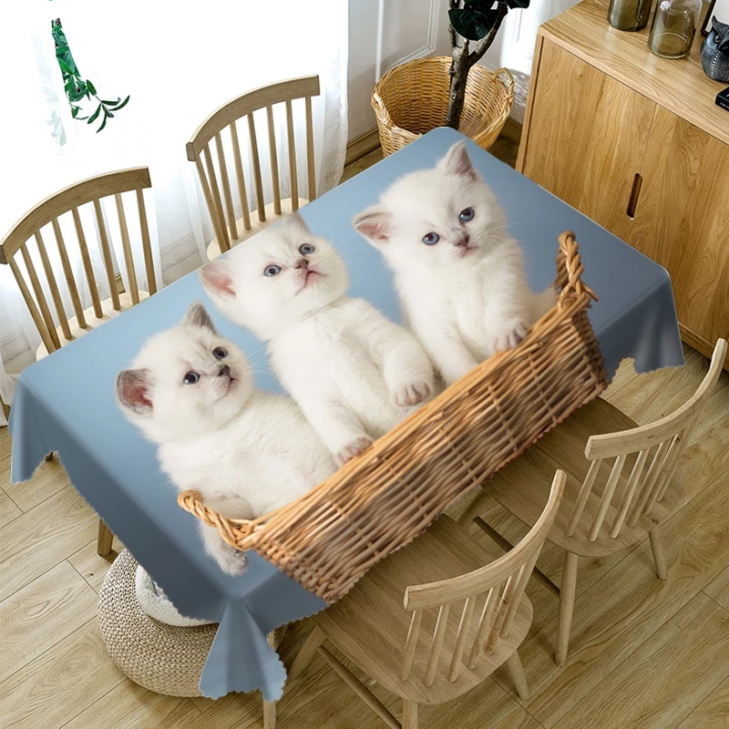 3D Animal Pattern Tablecloth, Small White Cat, Dustproof Washable Cloth, Thicken Cotton, Rectangular and Round Table Cloth