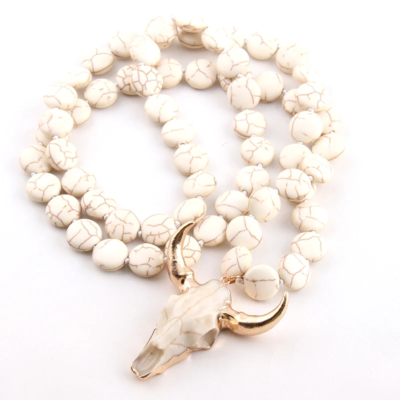 Fashion Knotted Flat White Stone Horn Pendant Ethnic Necklace Bohemian Tribal Jewelry