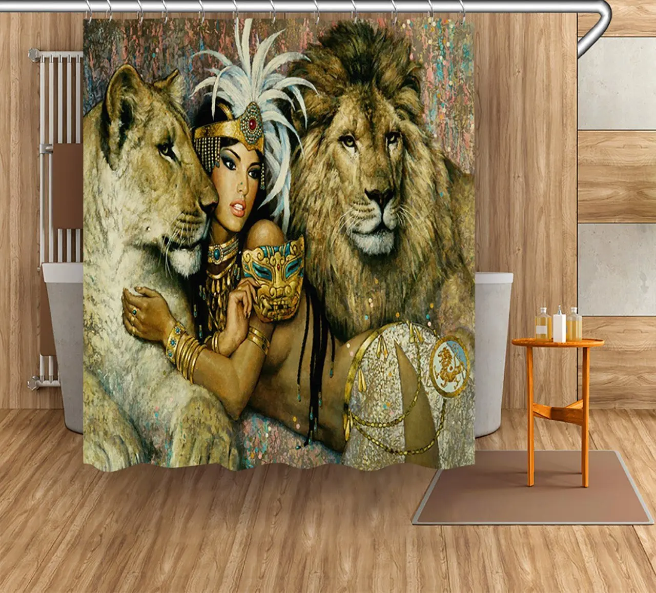 African Woman Decorations Shower Curtain Set Egypt Queen African Woman and Lion Bath Curtain