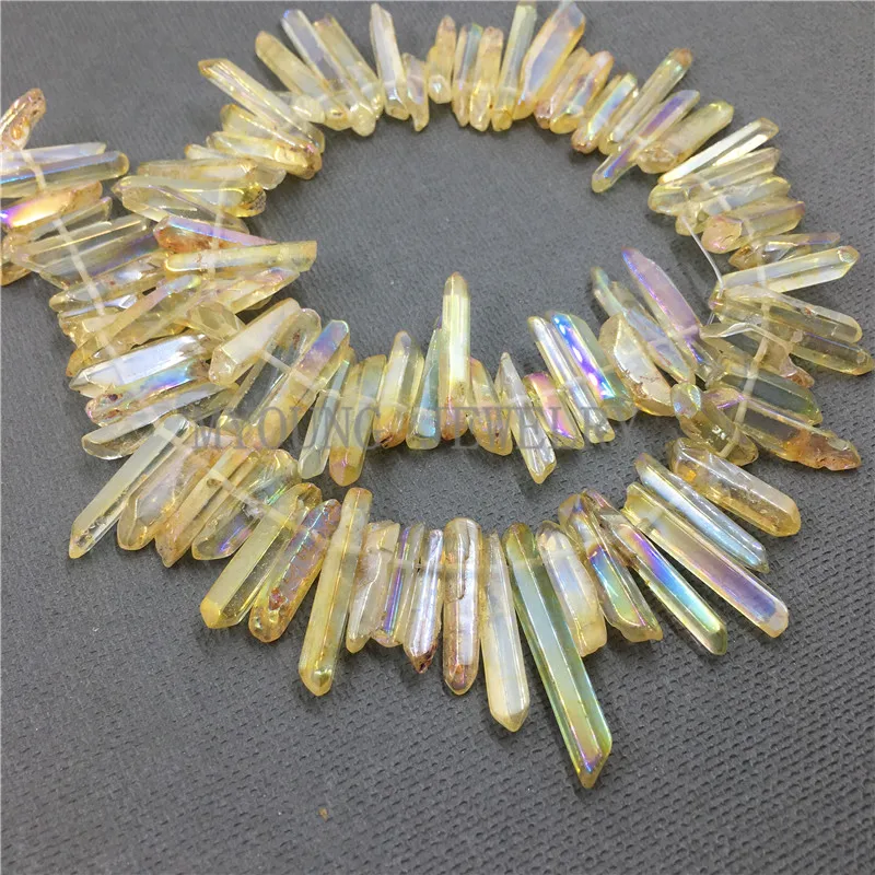 MY0766 Natural Yellow Crystal Quartz Titanium Stick Beads,Polished Healing Spike Point Top Drilled Beads,Raw Quartz Beads