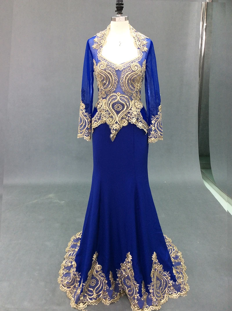 Royal Blue Muslim Mermaid Evening Dresses 2020 Long Sleeves Gold Embroidery Beaded Crystals With Cape Long Formal Evening Gown