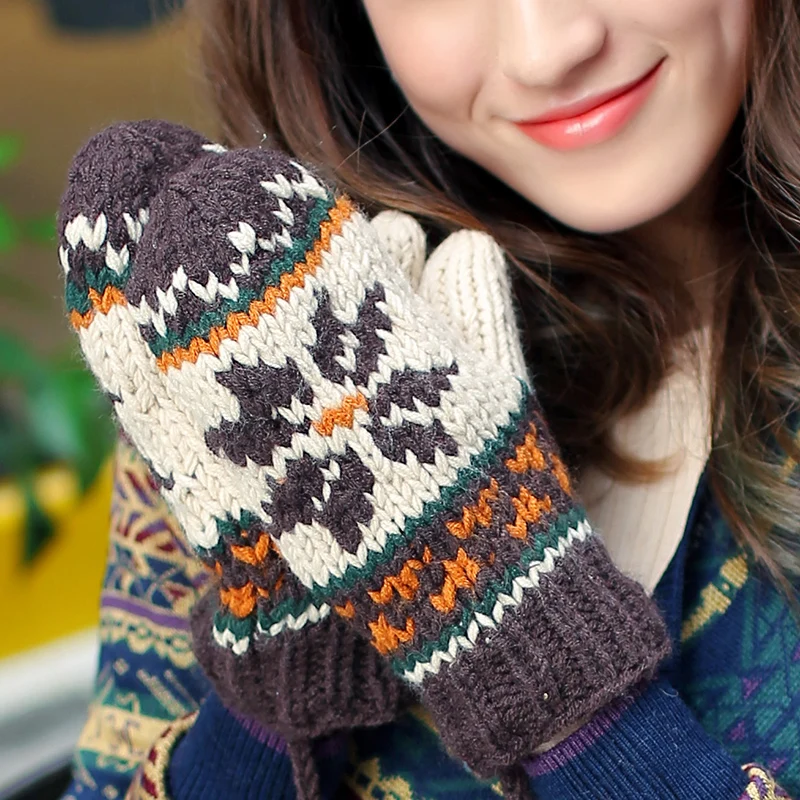 Jacquard Patchwork Fashion Women Winter Warm Thick Mittens Handmade Knitted Gloves