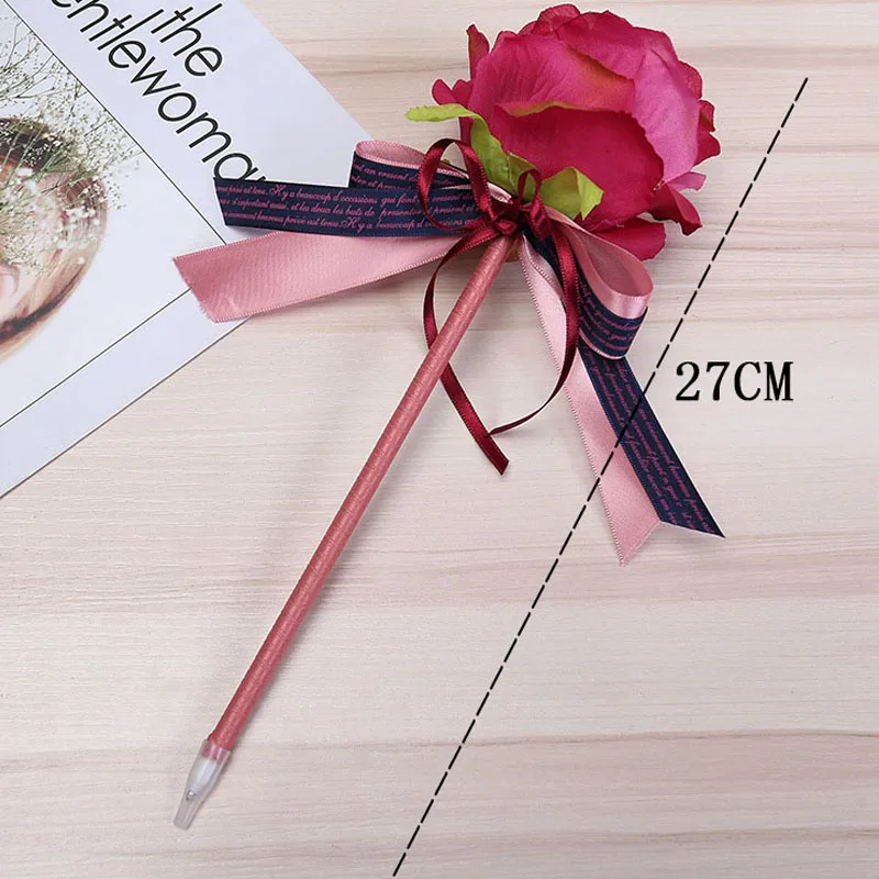 Stylo à bille avec nœud fleur rose de simulation créative, stylos à bille du jour de Léon, stylo d'écriture, cadeau de mariage, fournitures de bureau, 1 pièce