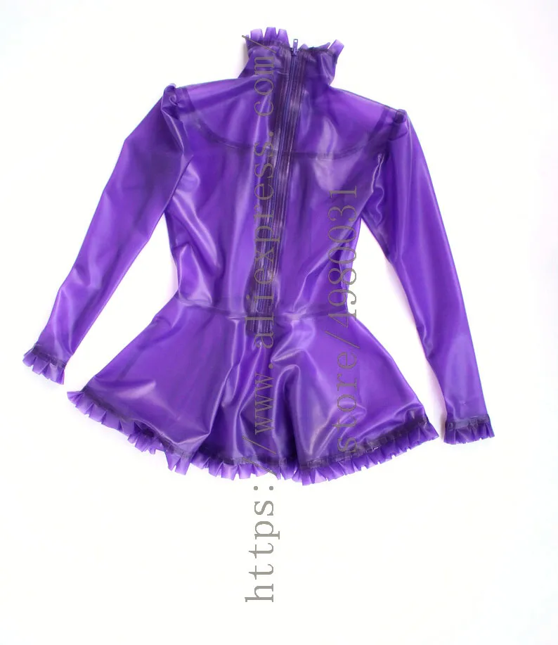 

Novelty latex dress Zentai women's latex dress mini with ruffles decoration with back zip in purple color