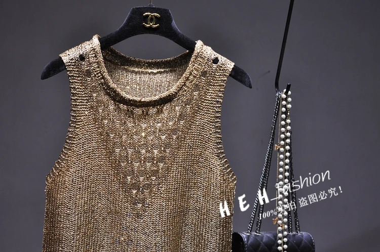 Cakucool Gold Lurex Summer Camis Hollow out Knit Sleeveless Shirt Holes Casual Shiny Sequins Tank Top Camis Vintage Femme Khaki