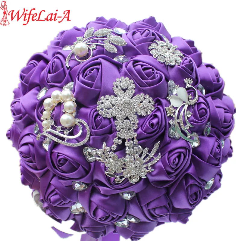 Luxury Bride Flower Bouquet Royal Purple Brooch Crystal buque de noiva Wedding Bouquet de Mariage Polyester Bridal Bouquets W235