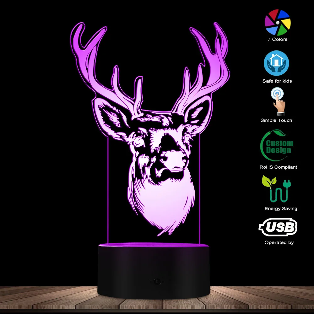 Kepala Rusa Tanduk Rusa 3D Ilusi Optik Cahaya Hutan Rusa Buck Satwa Liar LED Kreatif Malam Lampu Dekoratif Lampu Meja