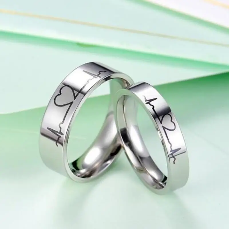 Heartbeat ECG Couple Ring Titanium Steel Engagement Ring He and her Commitment Love Token Best Gift