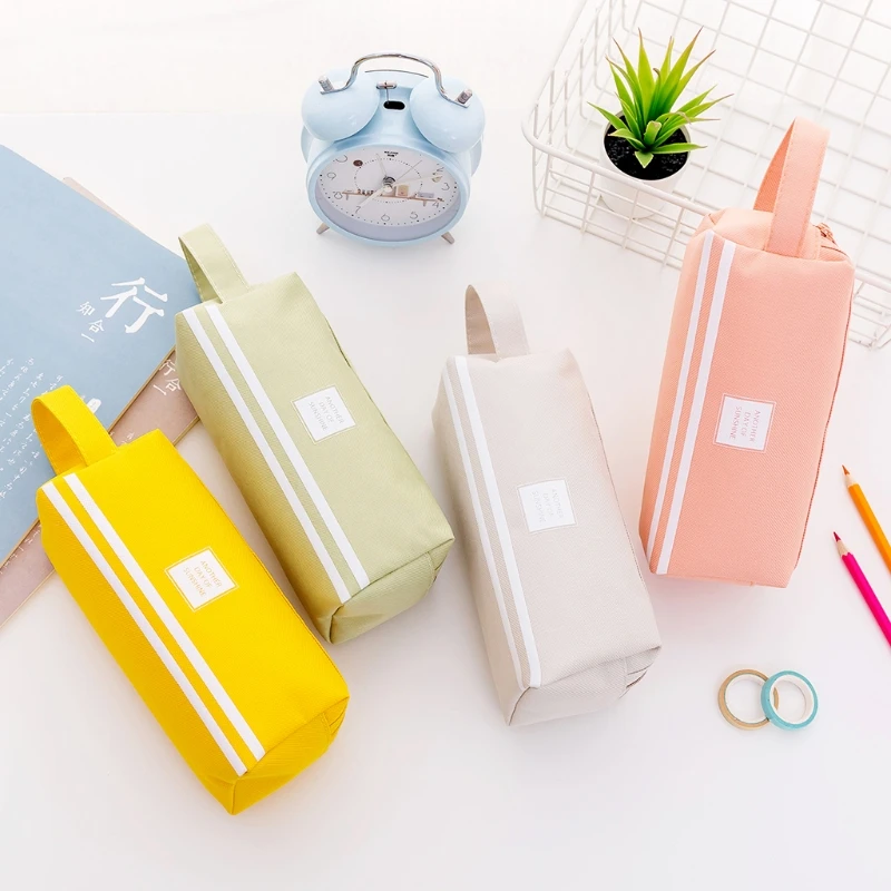 Creative Portable 2 level Large Capacity Canvas Pencil Case Bag fabric Pen Box solid color Zipper bag School Supplies Stationery