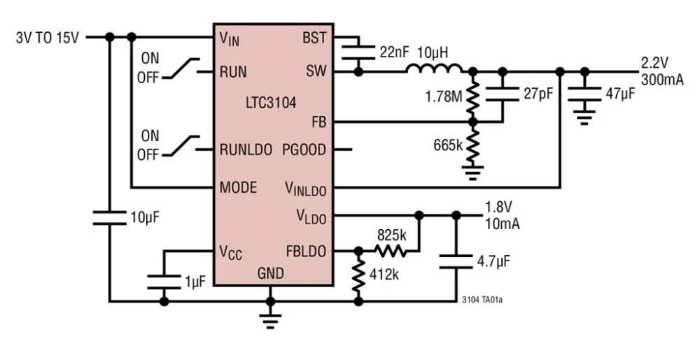 LTC3104EDE LTC3104IDE LTC3104EMSE LTC3104IMSE LTC3104 - 2.6uA تيار هادئ، 15V، 300mA متزامن تنحى DC/DC
