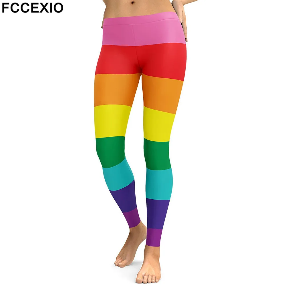 FCCEXIO New Workout Leggings High Waist Fitness Legging Rainbow Line 3D Printed Leggins Female Leg Pants Sexy Women Slim Legging