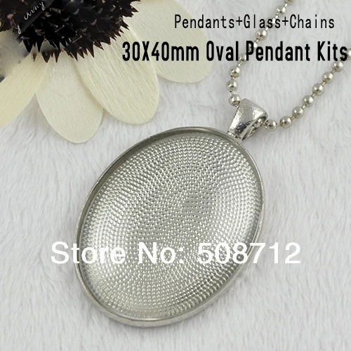 

30sets 30x40mm Dull silver plated Oval Pendant Tray Blanks / Pendant Settings with Matching Glass Cabochons