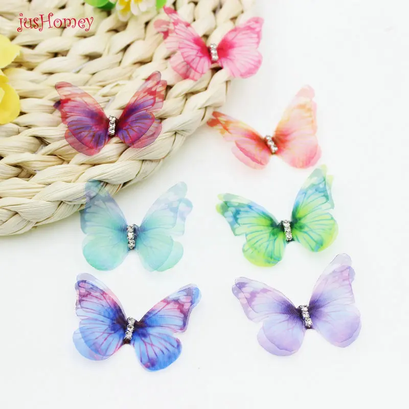 56PCS Gradient Color Organza Fabric Butterfly Appliques 38mm Translucent Chiffon Butterfly for Party Decor, Doll Embellishment