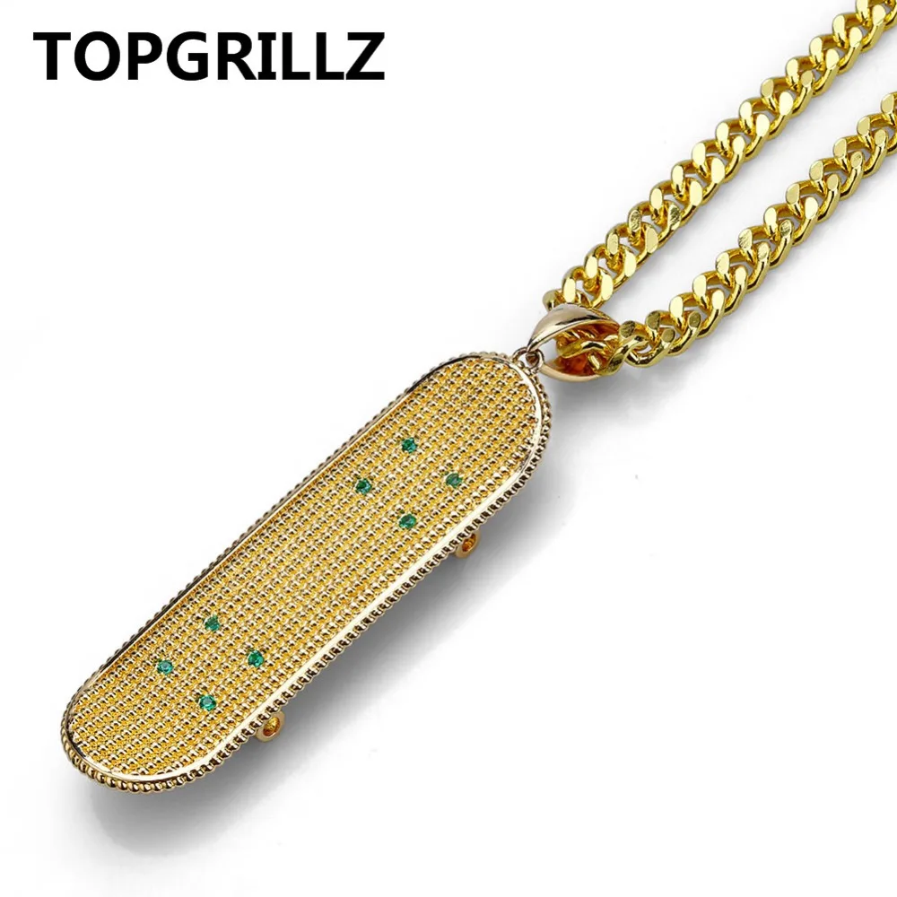 TOPGRILLZ Hip Hop Gold/Silver Color Iced Out Micro Pave CZ Stone Skateboard Pendant Necklaces Copper Cuban Link Necklaces Gifts