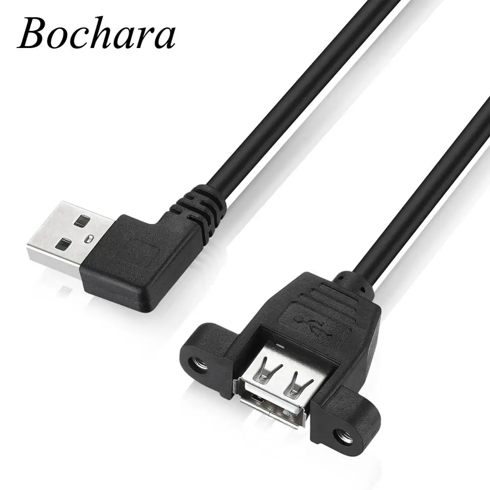 Cabo de extensão Bochara, 90 graus, usb 2.0, macho para fêmea, trançado, blindado, com montagem em painel de rosca, 24awg + 28awg, 30cm, 50cm, 1m