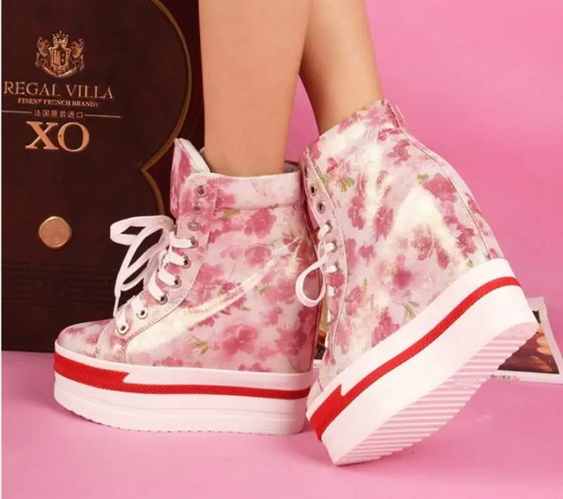 Flowers Print Ankle Boots Wedge High Heels Shoe Ladies High Top Lace-up Casual Shoes Elegant Women Sheepskin Zapatos Mujer Botas