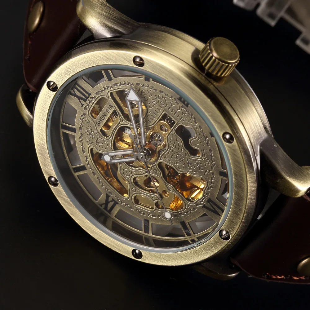 Orologi automatici in bronzo Vintage da uomo scheletro cinturino in pelle marrone orologio meccanico maschile Relogio Masculino orologi da polso da