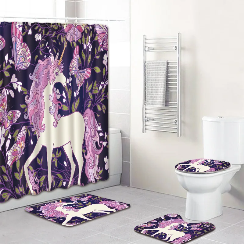 

Unicorn Bathroom Shower Curtain Pedestal Toilet Seat Mat+Lid+Bath Mat Home Decor Anti Slip Carpet 4Pcs