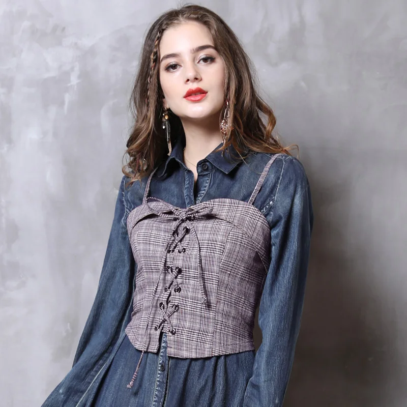 Vest Female 2018 Yuzi.may Boho New Cotton Waistcoat Women Strapless Camis Bandage Bow Plaid Short Vests B9263