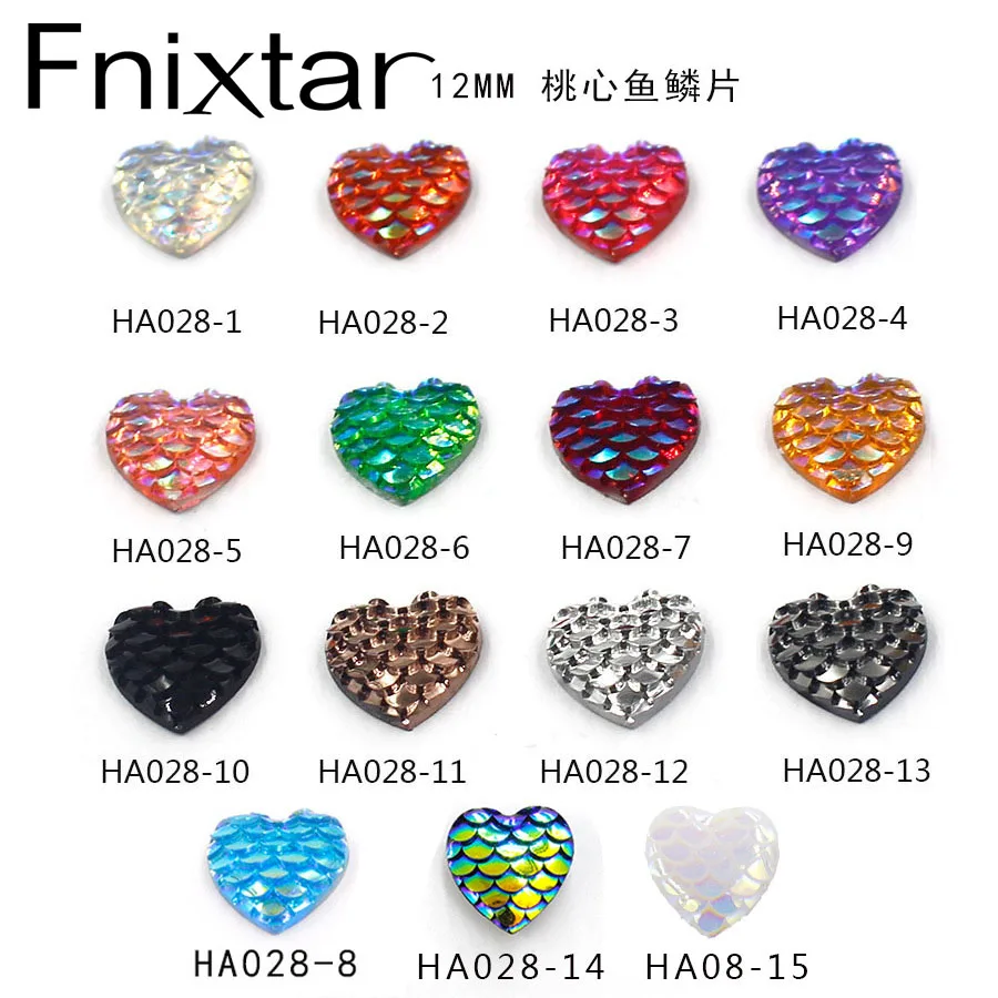 Fnixtar 100pcs 12mm shiny AB color figure of fish scale heart Resin Flat back Cabochon Art Supply Decoration Charm Craft