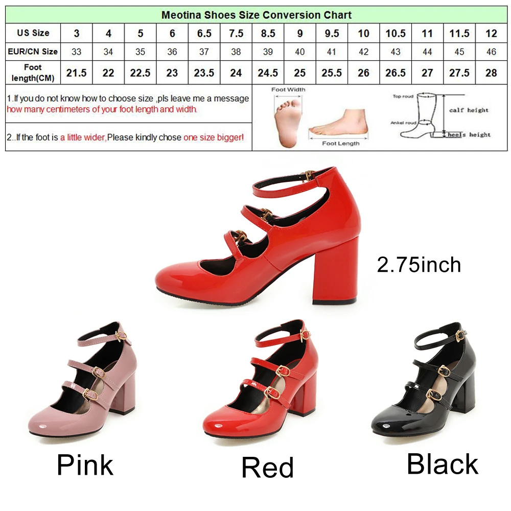 Meotina Spring 2018 Shoes Women Mary Jane Thick High Heels Buckle Pumps Party Shoes Round Toe Ladies Shoes Black Red Size 34-39